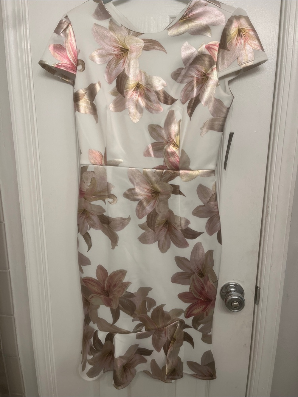 Floral White Midi Dress with Pink and Gold Bloom Print